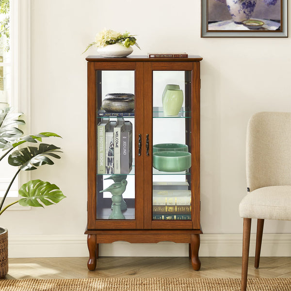 English Elm Curio Oak Lighted Display Cabinet with Mirrored Back, Tempered Glass Shelves, 43.5"H, Classic Style W169391690