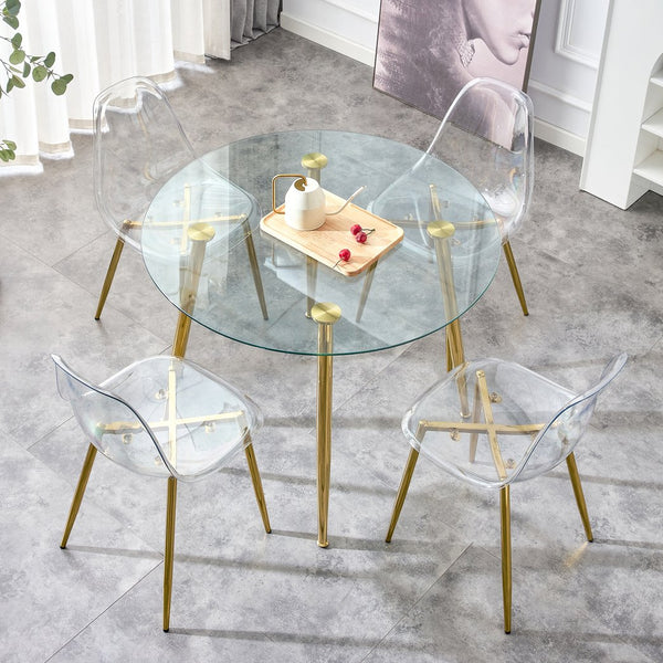 English Elm A Glass 40" Round Dining Table with Gold-Plated Metal Legs, Minimalist Modern Design for 4-6 Seats W1151S00375