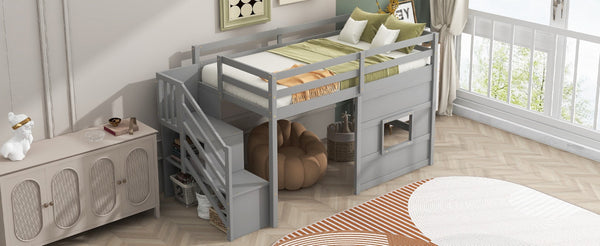 English Elm Twin Loft Bed Pinewood Frame with Storage Staircase Led Lighting and Window Cutout Gray GX000436AAE