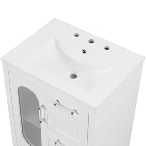 English Elm 24" Bathroom Vanity with Sink Solid Wood & Ceramic Top, Modern Freestanding Cabinet with Drawers White N725P351849K