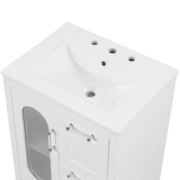 English Elm 24" Bathroom Vanity with Sink Solid Wood & Ceramic Top, Modern Freestanding Cabinet with Drawers White N725P351849K