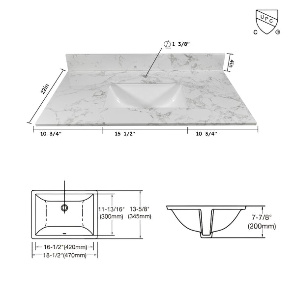 English Elm Montary 37-Inch Carrara Stone Vanity Top With Undermount Sink & Backsplash For Easy Bathroom Upgrade W50921988