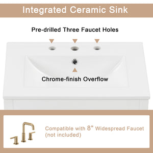 English Elm 24" Bathroom Vanity with Sink Solid Wood & Ceramic Top, Modern Freestanding Cabinet with Drawers White N725P351849K