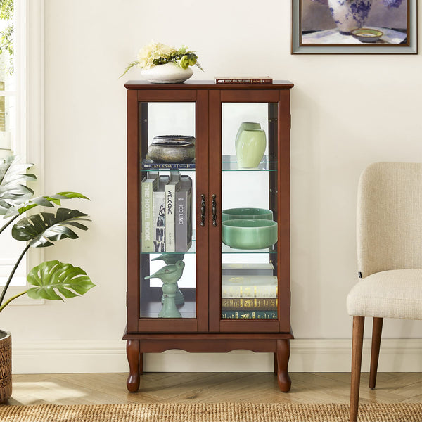 English Elm Curio Lighted Display Cabinet with Mirrored Back, Tempered Glass Shelves, Classic Floor Mount Design Walnut W169392180