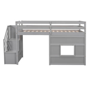 English Elm Twin Loft Bed Pinewood Frame with Storage Staircase Led Lighting and Window Cutout Gray GX000436AAE