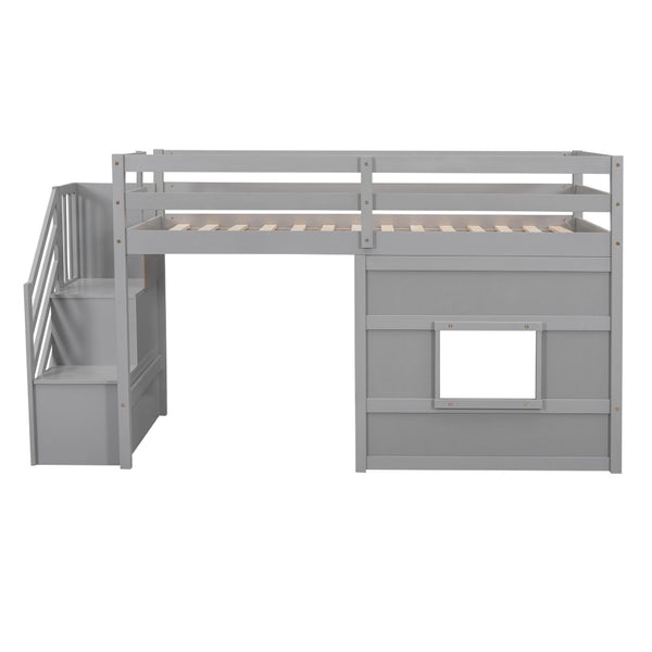 English Elm Twin Loft Bed Pinewood Frame with Storage Staircase Led Lighting and Window Cutout Gray GX000436AAE