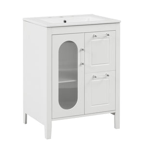 English Elm 24" Bathroom Vanity with Sink Solid Wood & Ceramic Top, Modern Freestanding Cabinet with Drawers White N725P351849K