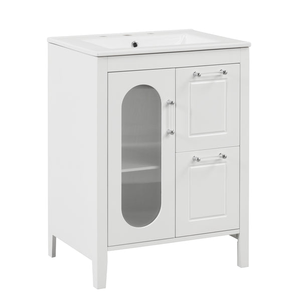 English Elm 24" Modern Bathroom Vanity with Ceramic Sink, Solid Wood & MDF Cabinet, Two Drawers, Shelf White N725P245273K