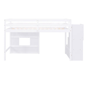 English Elm Twin Loft Bed Pinewood Frame with Storage Staircase Led Lighting and Window Cutout White GX000436AAK