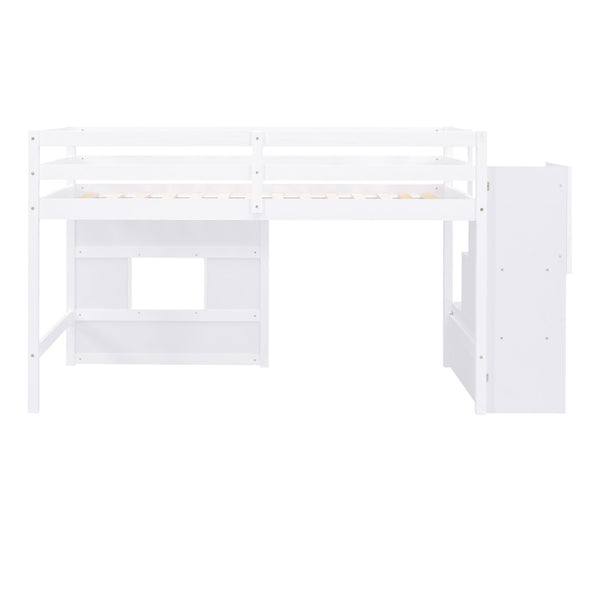 English Elm Twin Loft Bed Pinewood Frame with Storage Staircase Led Lighting and Window Cutout White GX000436AAK