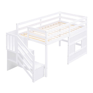 English Elm Twin Loft Bed Pinewood Frame with Storage Staircase Led Lighting and Window Cutout White GX000436AAK