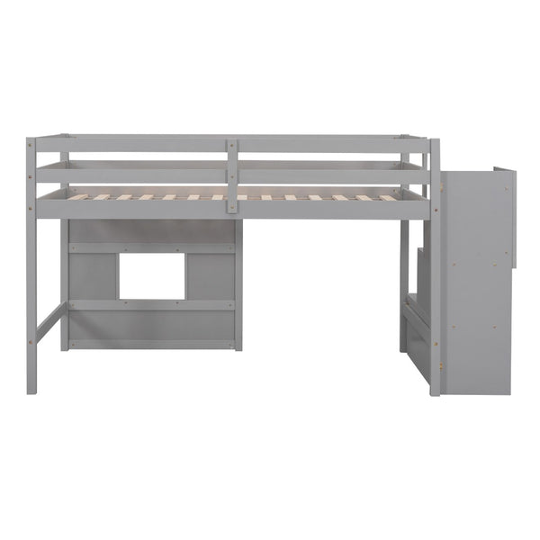English Elm Twin Loft Bed Pinewood Frame with Storage Staircase Led Lighting and Window Cutout Gray GX000436AAE