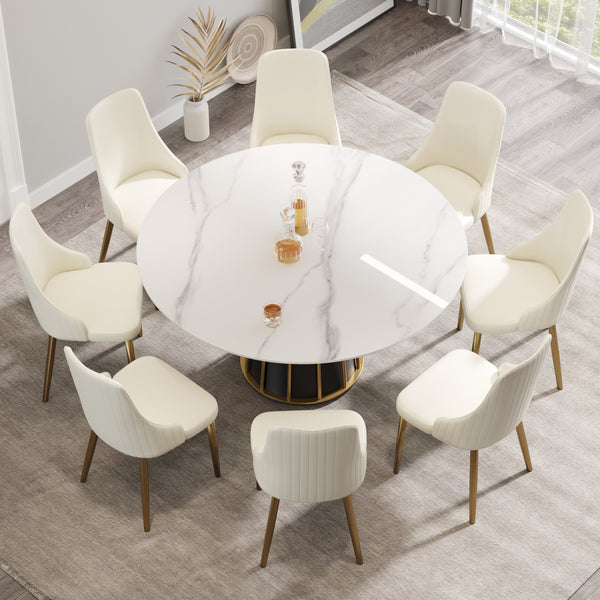 English Elm 59.05"Modern Round White Sintered Stone Dining Table With Iron Base - Seats 6-8 For Stylish Meals W1535S00262