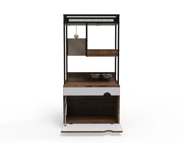 English Elm Corner Cat Tower with Feeding Cabinet Sisal Post and Climbing Platforms for Indoor Pets W1687106558