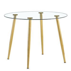 English Elm A Modern Minimalist Round Glass Dining Table With Gold Legs – Perfect For Living & Conference Rooms W1151S03860