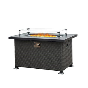 English Elm 43.3 Inch Fire Pit Table with 50,000 BTU, Glass Wind Guard, Wicker Patio Table with Tank Hideaway W1859S00035