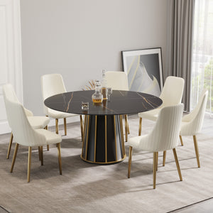 English Elm 59.05"Modern Artificial Stone Round Dining Table With Black Iron Base - Seats 6-8 For Stylish Meals W1535S00260