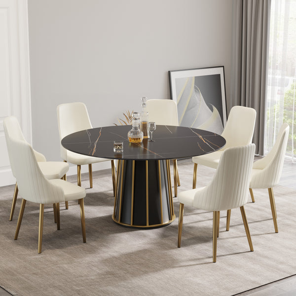 English Elm 59.05"Modern Artificial Stone Round Dining Table With Black Iron Base - Seats 6-8 For Stylish Meals W1535S00260