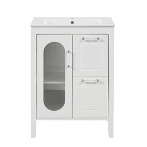 English Elm 24" Bathroom Vanity with Sink Solid Wood & Ceramic Top, Modern Freestanding Cabinet with Drawers White N725P351849K