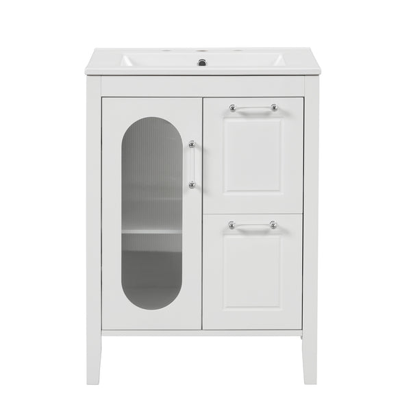 English Elm 24" Modern Bathroom Vanity with Ceramic Sink, Solid Wood & MDF Cabinet, Two Drawers, Shelf White N725P245273K