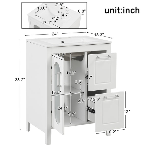 English Elm 24" Modern Bathroom Vanity with Ceramic Sink, Solid Wood & MDF Cabinet, Two Drawers, Shelf White N725P245273K