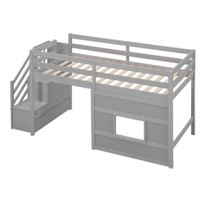 English Elm Twin Loft Bed Pinewood Frame with Storage Staircase Led Lighting and Window Cutout Gray GX000436AAE