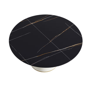 English Elm 59.05 Modern Round Beige Dining Table With Durable Stone Top & Sleek Black Pu Base For 8 People W1535S00265