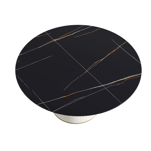 English Elm 59.05 Modern Round Beige Dining Table With Durable Stone Top & Sleek Black Pu Base For 8 People W1535S00265