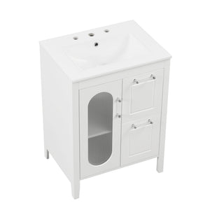 English Elm 24" Modern Bathroom Vanity with Ceramic Sink, Solid Wood & MDF Cabinet, Two Drawers, Shelf White N725P245273K