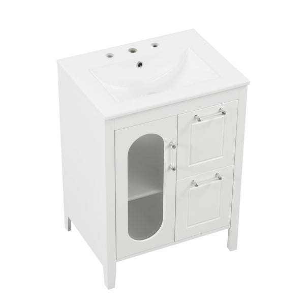 English Elm 24" Modern Bathroom Vanity with Ceramic Sink, Solid Wood & MDF Cabinet, Two Drawers, Shelf White N725P245273K
