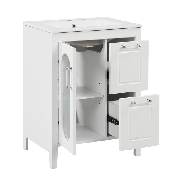 English Elm 24" Modern Bathroom Vanity with Ceramic Sink, Solid Wood & MDF Cabinet, Two Drawers, Shelf White N725P245273K