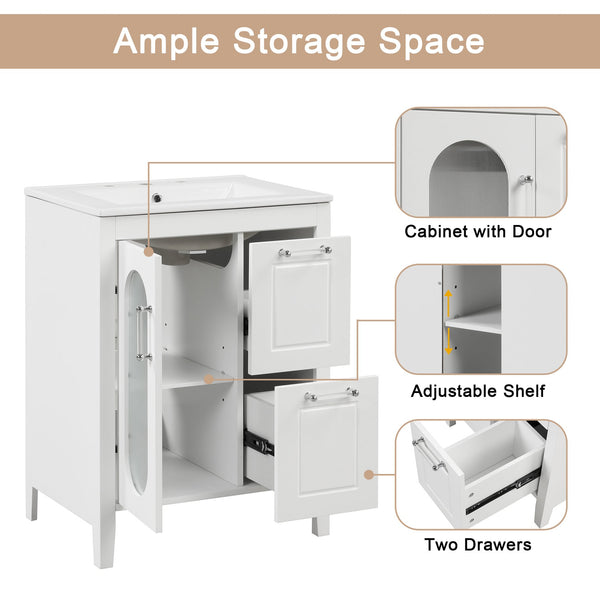 English Elm 24" Modern Bathroom Vanity with Ceramic Sink, Solid Wood & MDF Cabinet, Two Drawers, Shelf White N725P245273K