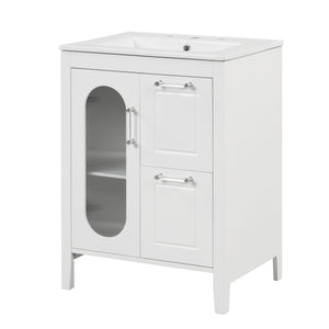English Elm 24" Modern Bathroom Vanity with Ceramic Sink, Solid Wood & MDF Cabinet, Two Drawers, Shelf White N725P245273K