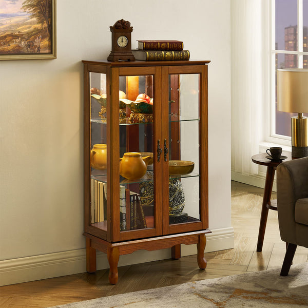 English Elm Curio Oak Lighted Display Cabinet with Mirrored Back, Tempered Glass Shelves, 43.5"H, Classic Style W169391690