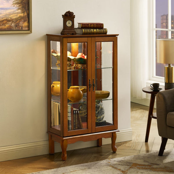 English Elm Curio Cabinet Oak Finish Lighted Display with Tempered Glass Doors and Mirrored Back Black W1693P465378