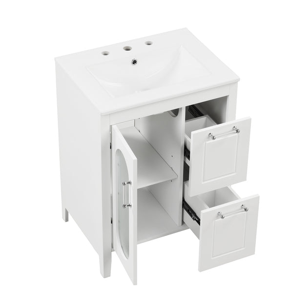English Elm 24" Bathroom Vanity with Sink Solid Wood & Ceramic Top, Modern Freestanding Cabinet with Drawers White N725P351849K