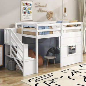 English Elm Twin Loft Bed Pinewood Frame with Storage Staircase Led Lighting and Window Cutout White GX000436AAK