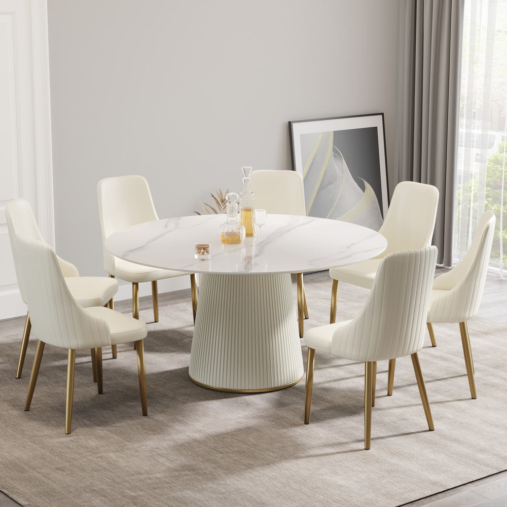English Elm 59.05 Modern Round Dining Table With Beige Plywood Base - Seats 8, Stylish Artificial Stone Top W1535S00266