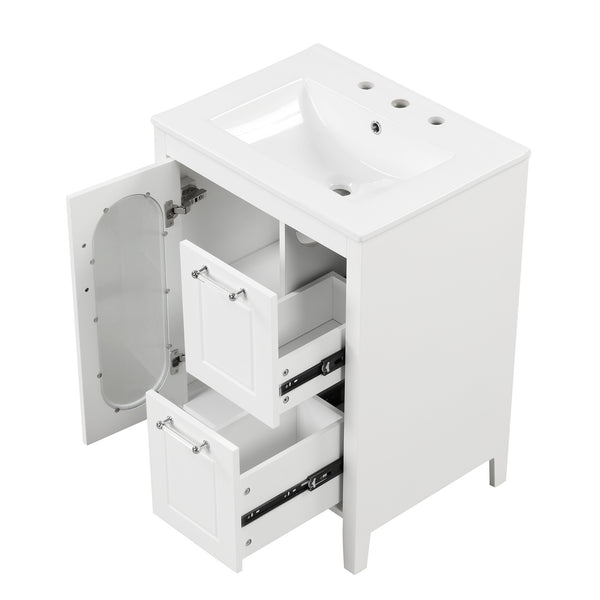 English Elm 24" Modern Bathroom Vanity with Ceramic Sink, Solid Wood & MDF Cabinet, Two Drawers, Shelf White N725P245273K