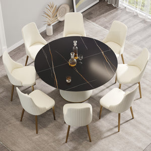 English Elm 59.05 Modern Round Beige Dining Table With Durable Stone Top & Sleek Black Pu Base For 8 People W1535S00265