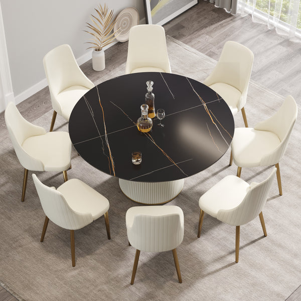 English Elm 59.05 Modern Round Beige Dining Table With Durable Stone Top & Sleek Black Pu Base For 8 People W1535S00265