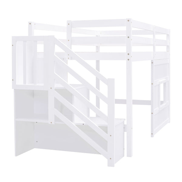 English Elm Twin Loft Bed Pinewood Frame with Storage Staircase Led Lighting and Window Cutout White GX000436AAK