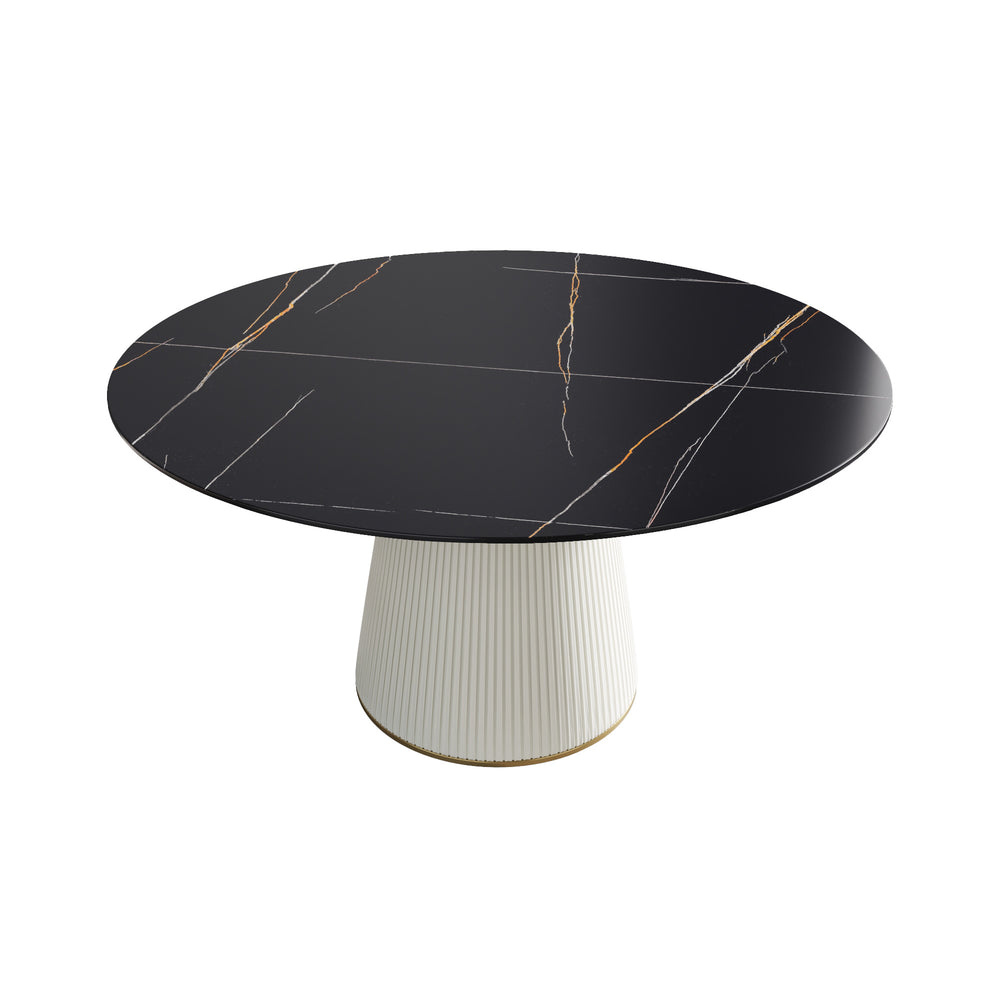English Elm 59.05 Modern Round Beige Dining Table With Durable Stone Top & Sleek Black Pu Base For 8 People W1535S00265
