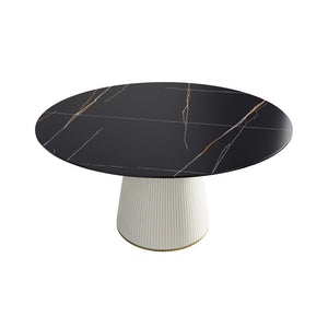 English Elm 59.05 Modern Round Beige Dining Table With Durable Stone Top & Sleek Black Pu Base For 8 People W1535S00265