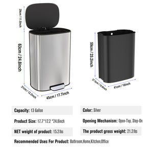 English Elm 13 Gallon 50L Stainless Steel Trash Can with Soft-Close Lid, Fingerprint-Proof, Step Pedal, Durable 13 W1550121727