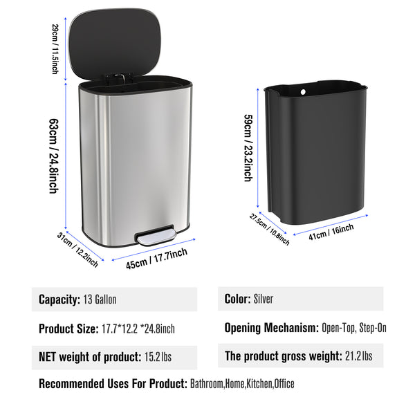 English Elm 13 Gallon 50L Stainless Steel Trash Can with Soft-Close Lid, Fingerprint-Proof, Step Pedal, Durable 13 W1550121727