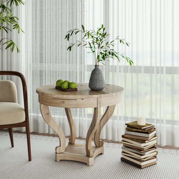 English Elm Curved Leg Round Farmhouse Dining Table Distressed Fir Veneer with Dual Storage Drawers W1435127092