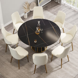 English Elm 59.05"Modern Artificial Stone Round Dining Table With Black Iron Base - Seats 6-8 For Stylish Meals W1535S00260