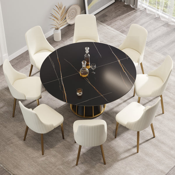 English Elm 59.05"Modern Artificial Stone Round Dining Table With Black Iron Base - Seats 6-8 For Stylish Meals W1535S00260