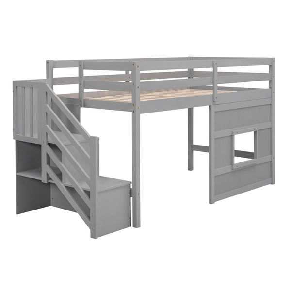 English Elm Twin Loft Bed Pinewood Frame with Storage Staircase Led Lighting and Window Cutout Gray GX000436AAE